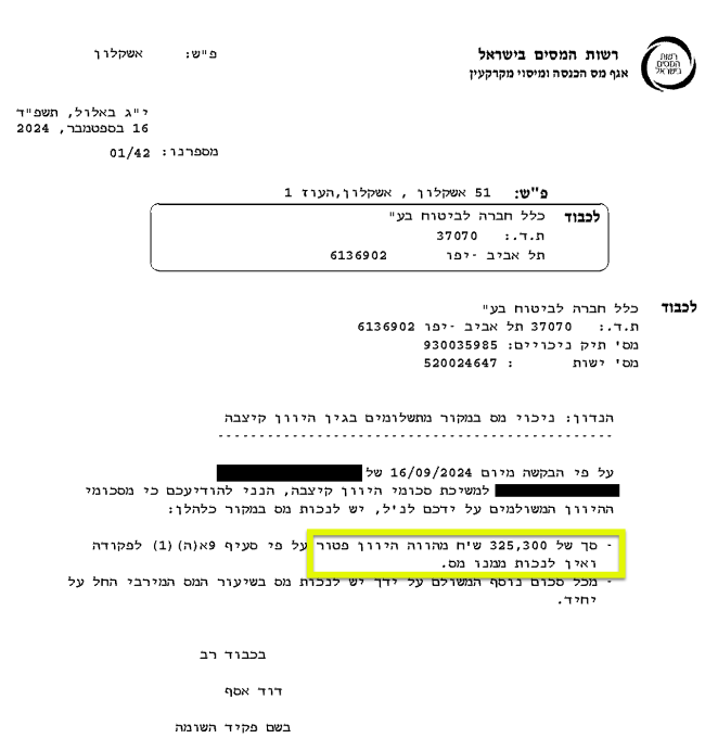 סך של 325,300 ₪ פטורים ממס
