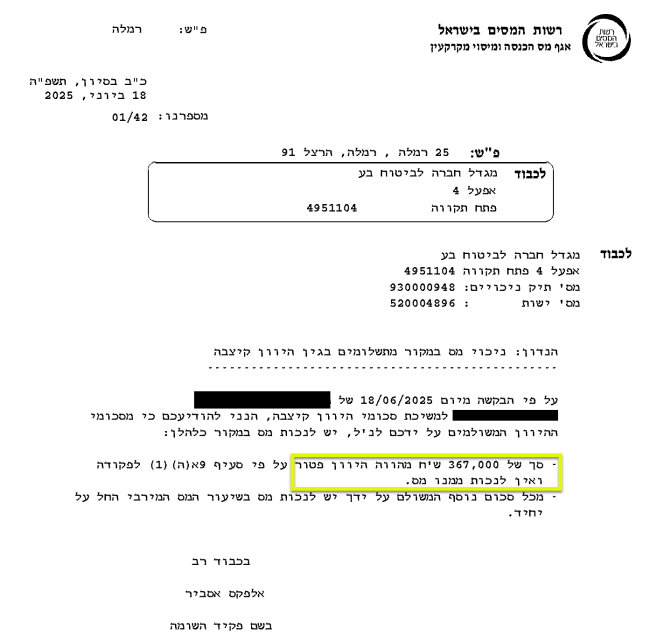 סך של 367,000 ₪ פטורים ממס.